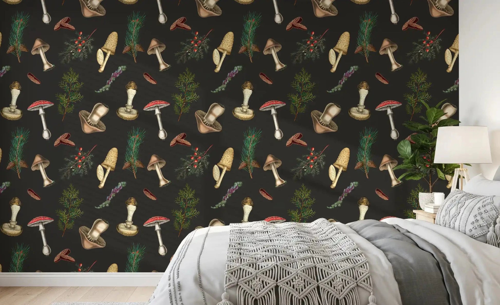 Bedroom wall in Forest Fir Trees wallpaper with vintage fungi