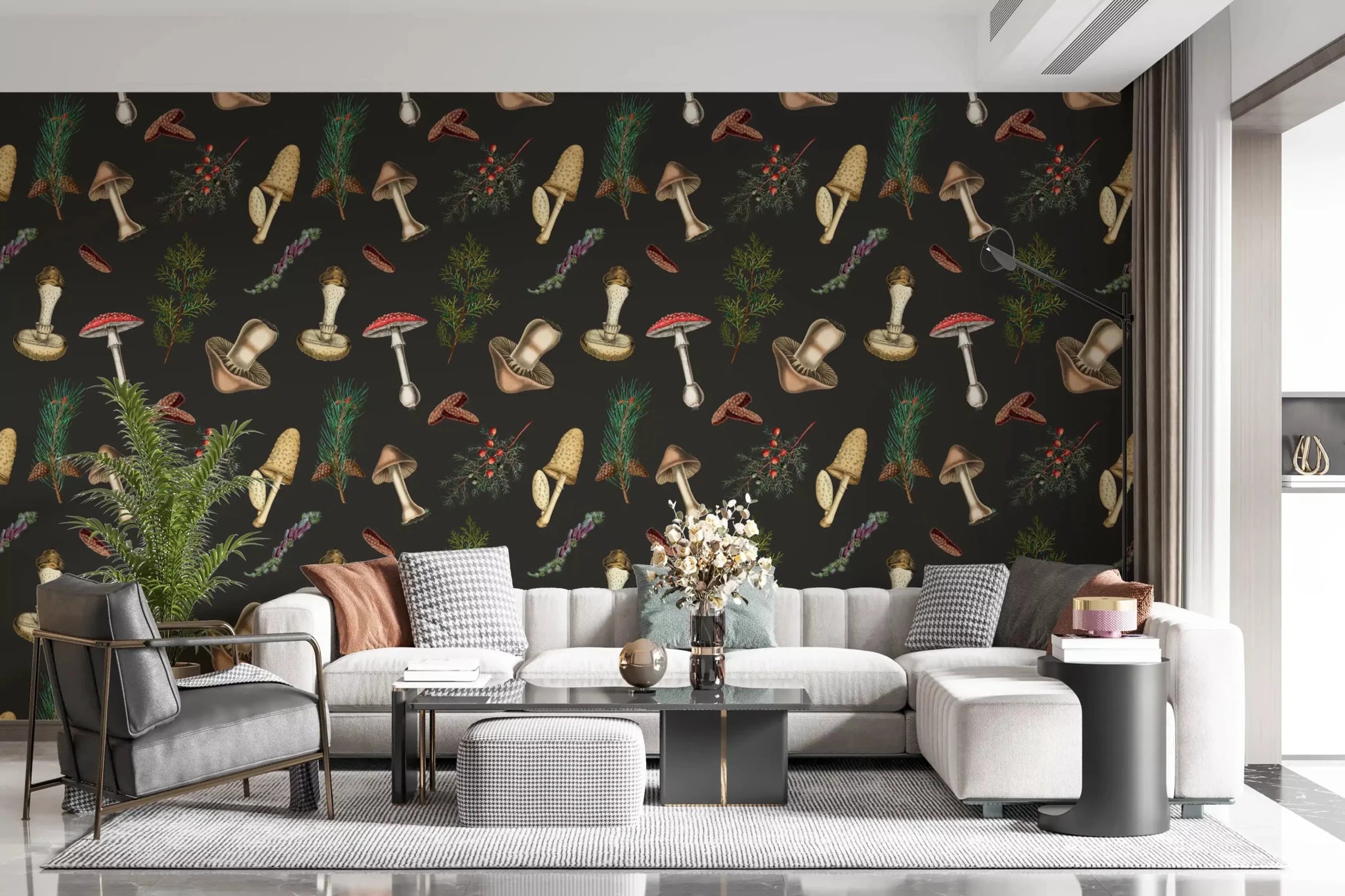 Dark woodland wallpaper with Vintage Mushrooms and fir stems