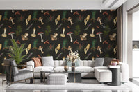 Dark woodland wallpaper with Vintage Mushrooms and fir stems