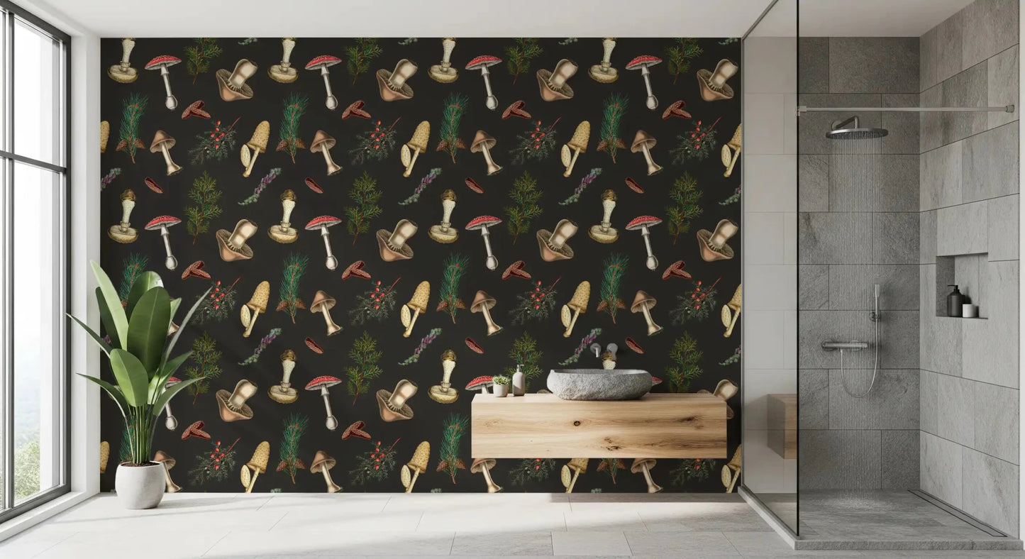 Dark Forest Fir Trees wallpaper with vintage mushroom sketches