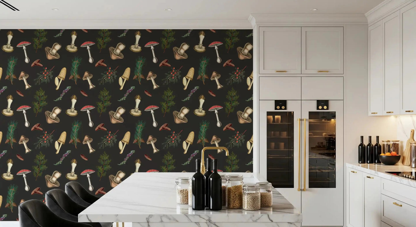 Vintage Mushrooms wallpaper with fir sprigs and cream fungi