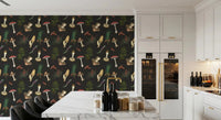 Vintage Mushrooms wallpaper with fir sprigs and cream fungi
