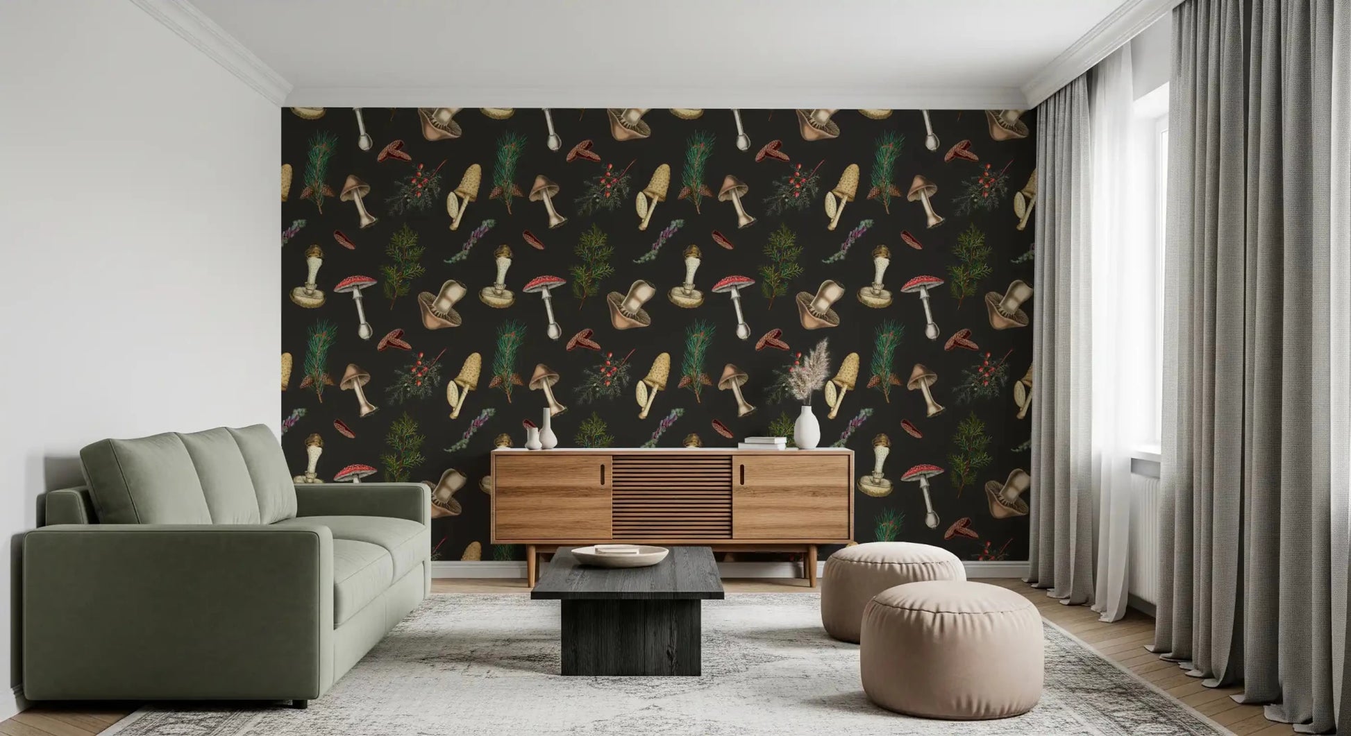 Mushrooms Fir Trees wallpaper with scattered forest sketch art