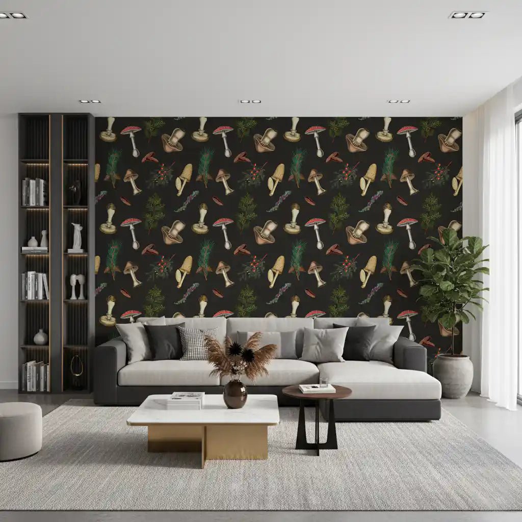 Vintage Mushrooms wallpaper in living room with dark fir trees