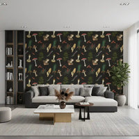 Vintage Mushrooms wallpaper in living room with dark fir trees