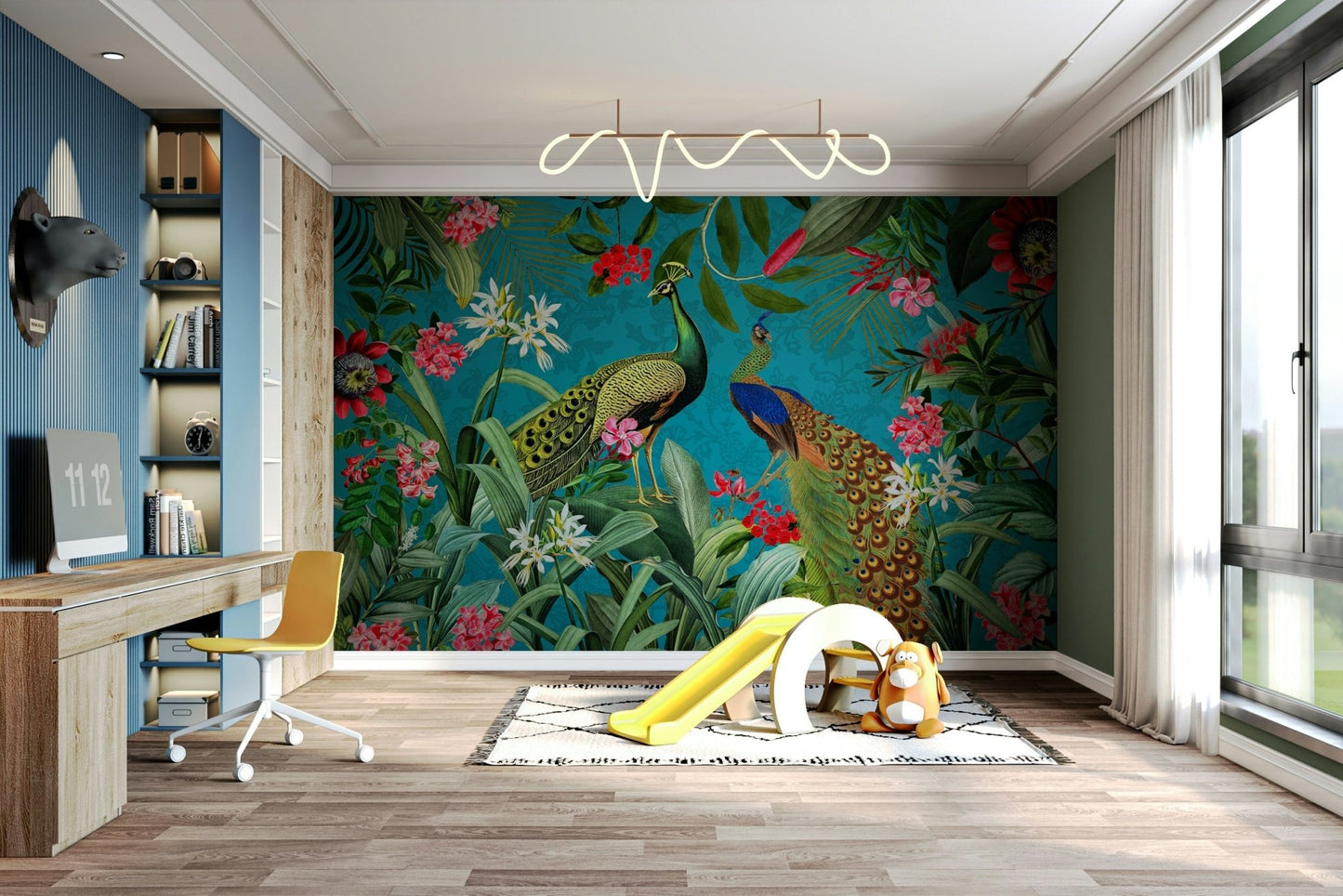 Elegant peacock mural design for vintage interiors.


