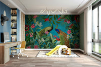 Elegant peacock mural design for vintage interiors.

