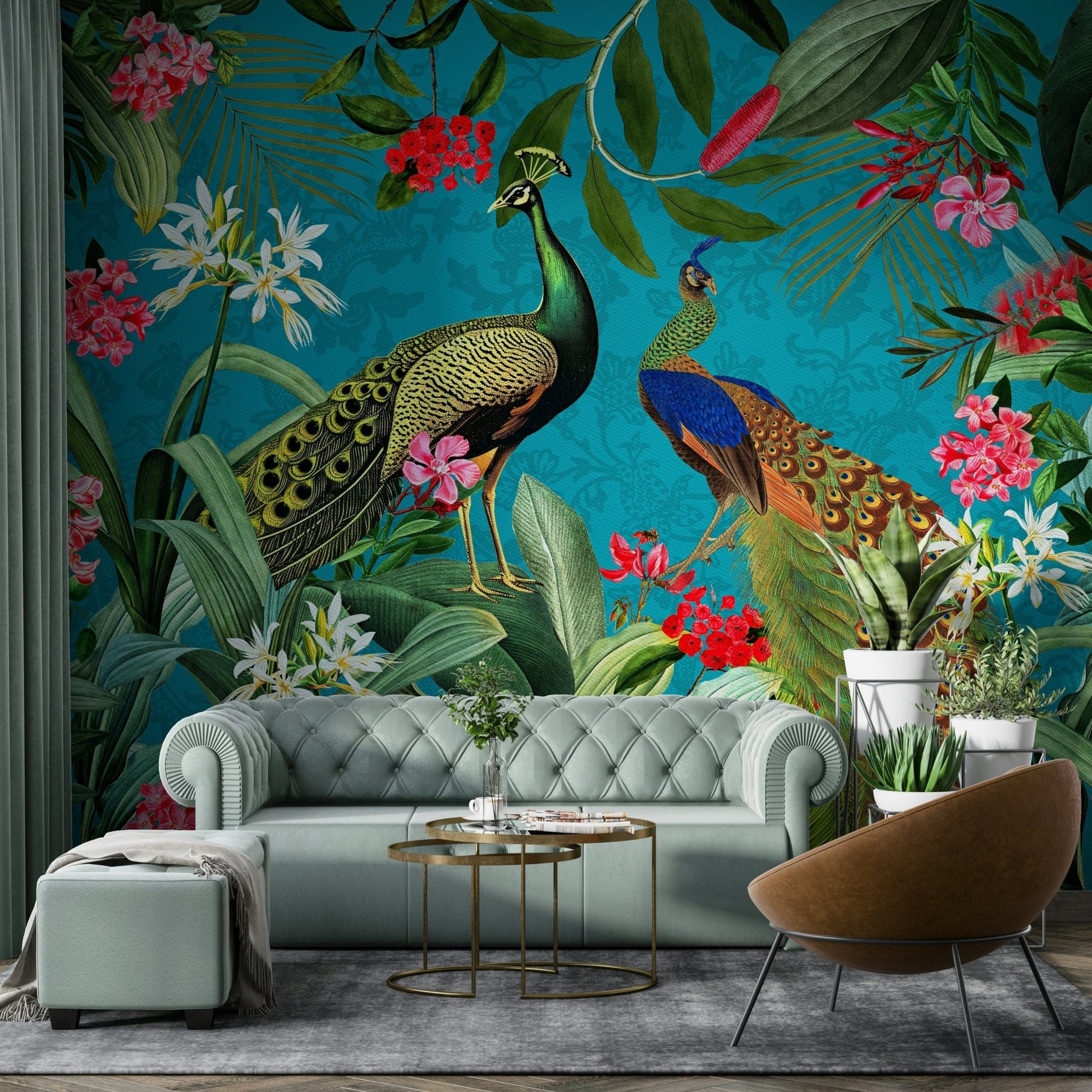 Vintage peacock mural for luxurious interior style.

