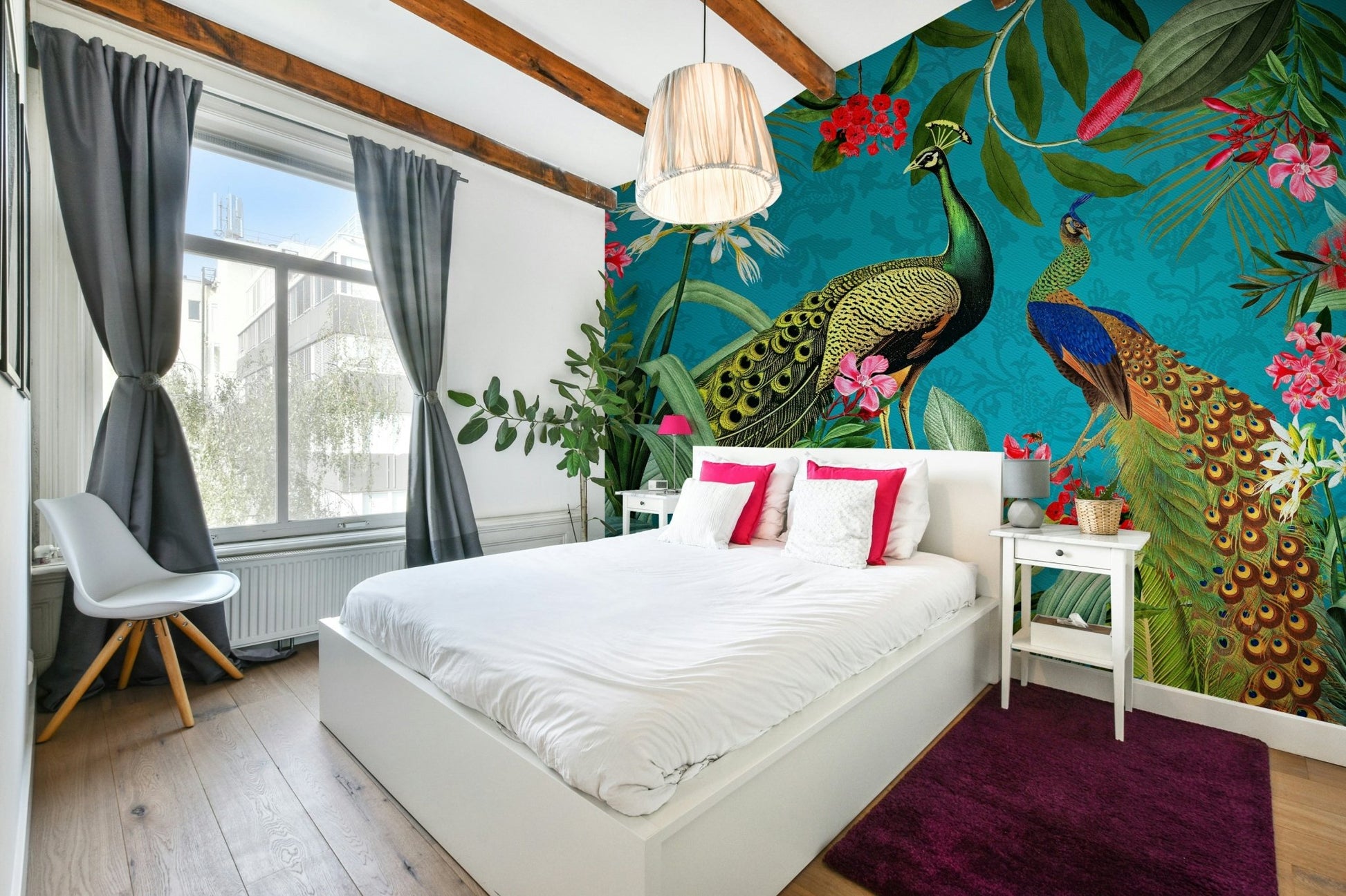 Vintage peacock mural creating a chic, timeless look.

