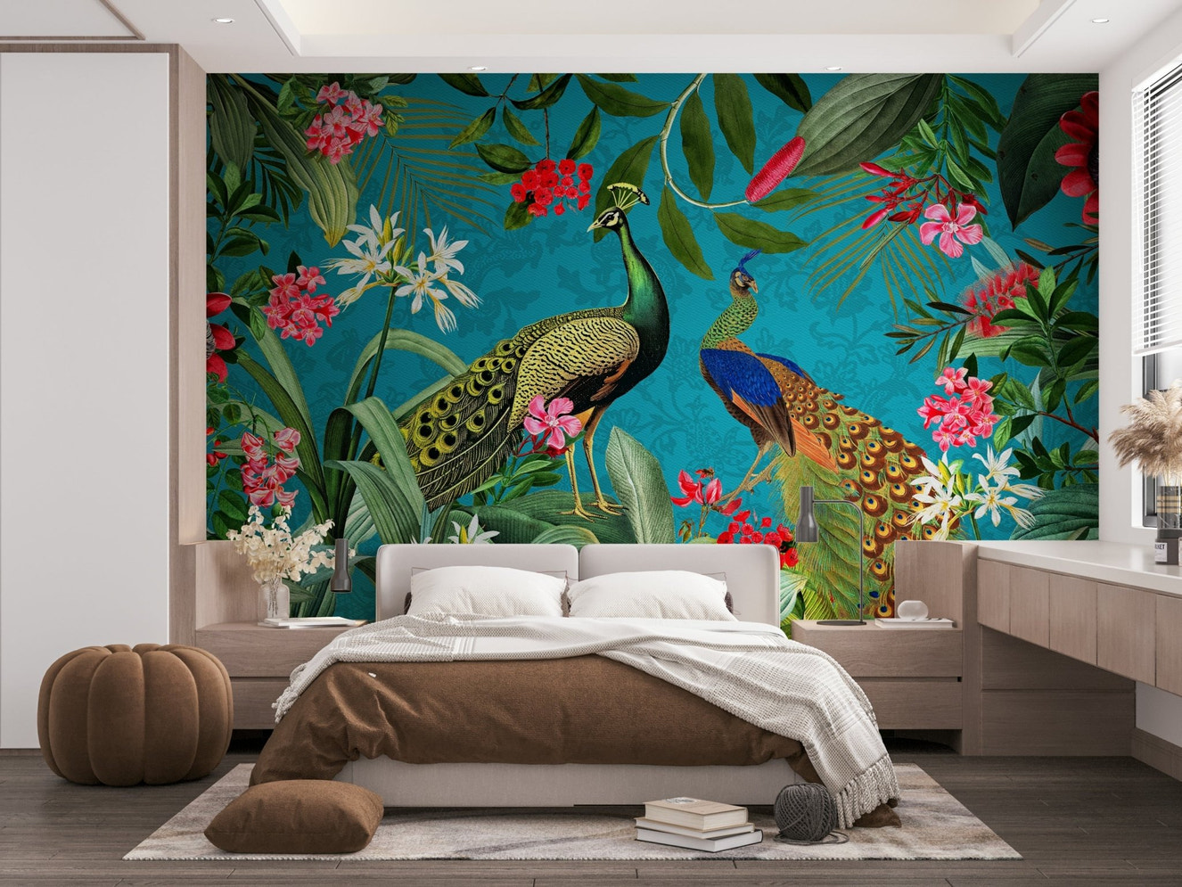 Vintage peacock wall mural for a timeless look.


