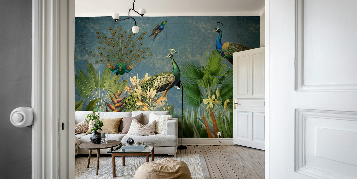 Vintage peacock mural for an exotic home aesthetic.