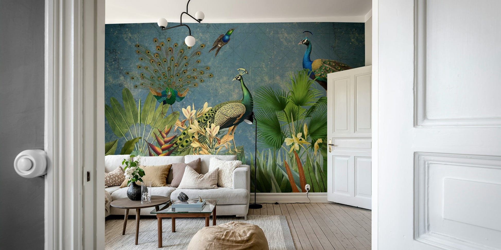 Vintage peacock mural for an exotic home aesthetic.