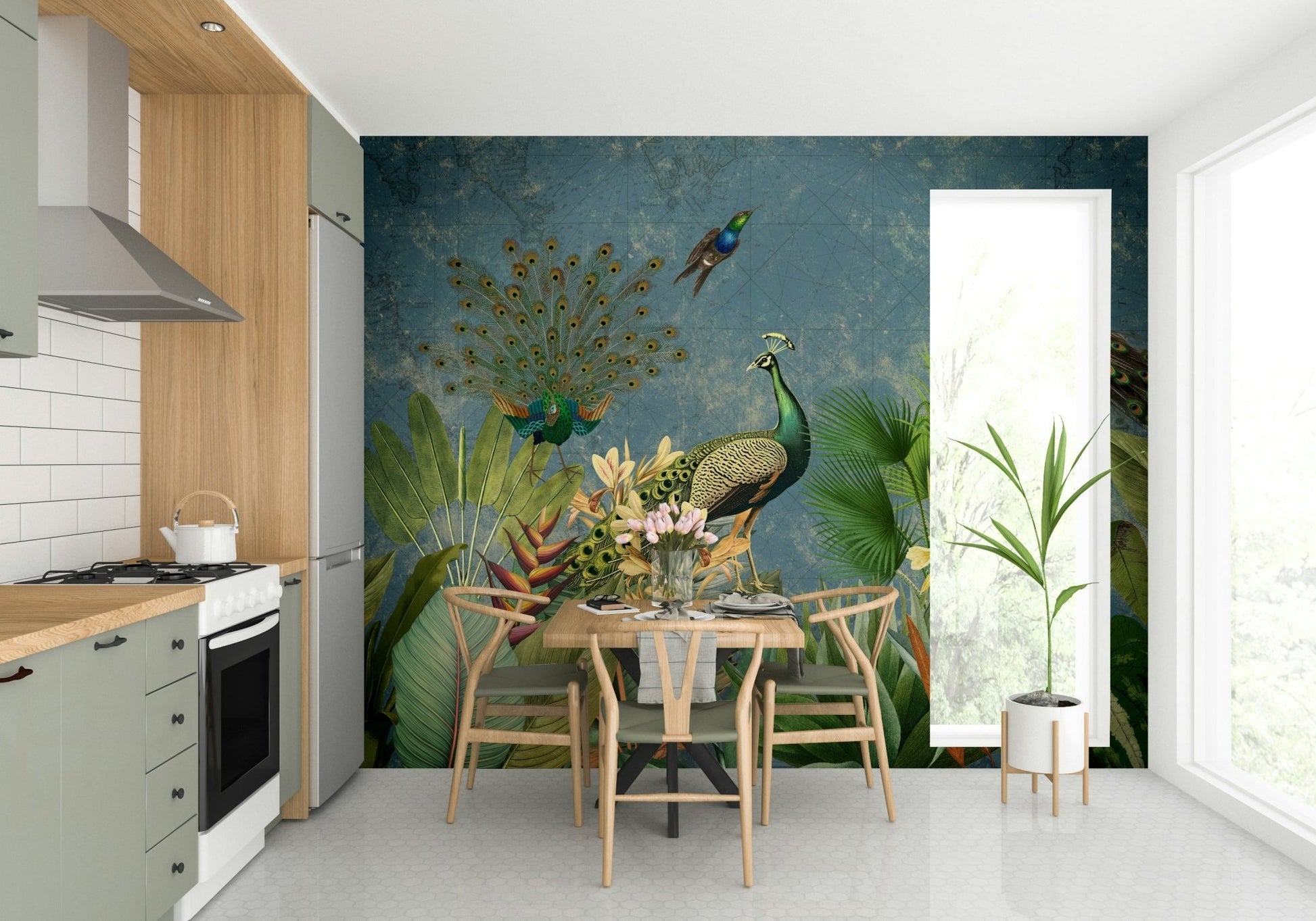 Peacock paradise wall mural in vintage design style.