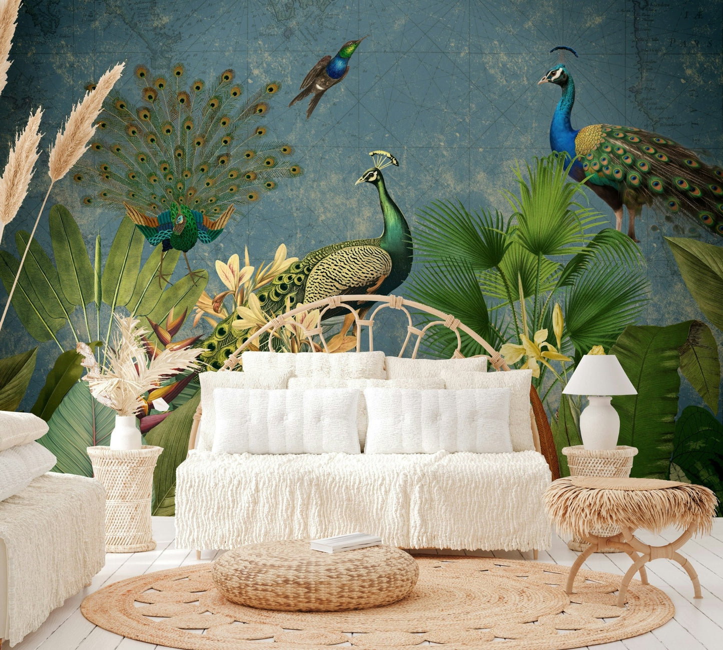 Vintage peacock paradise wall mural for living rooms.