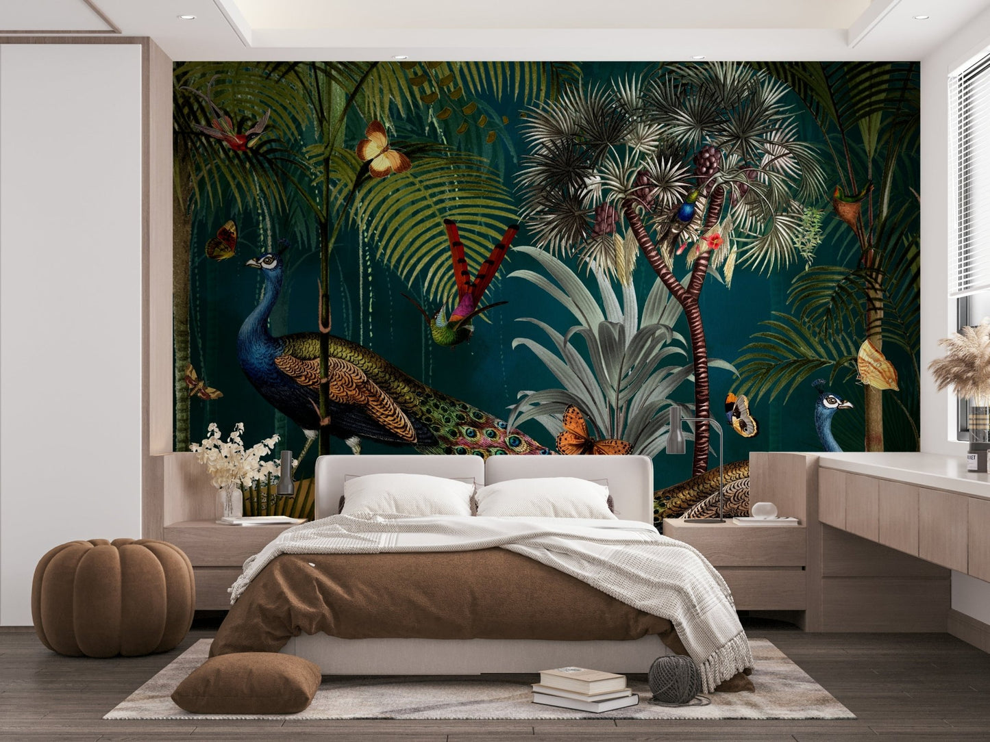 Serene peacock mural with soft twilight backdrop

