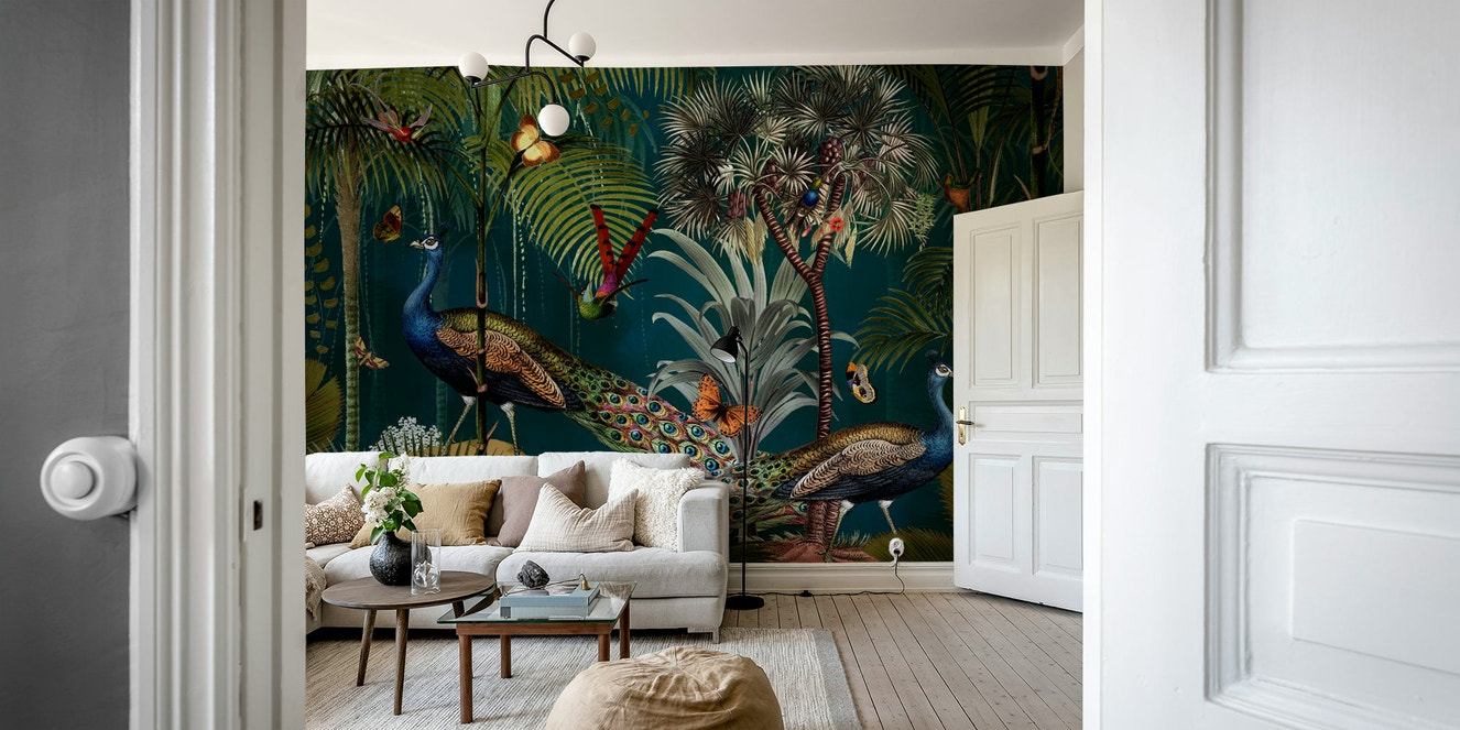 Vintage peacock twilight wall mural in paradise theme

