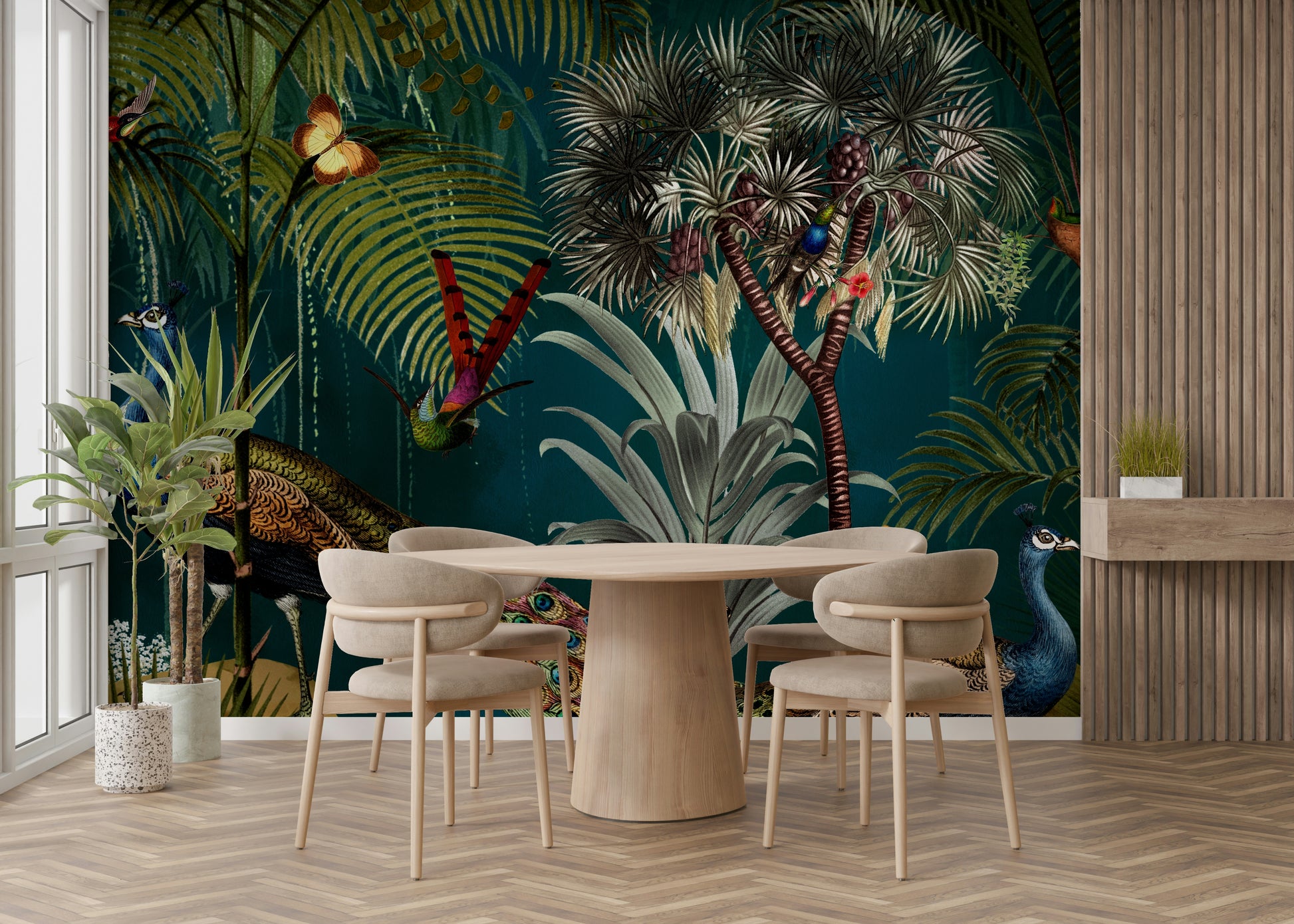 Majestic peacock mural featuring twilight paradise

