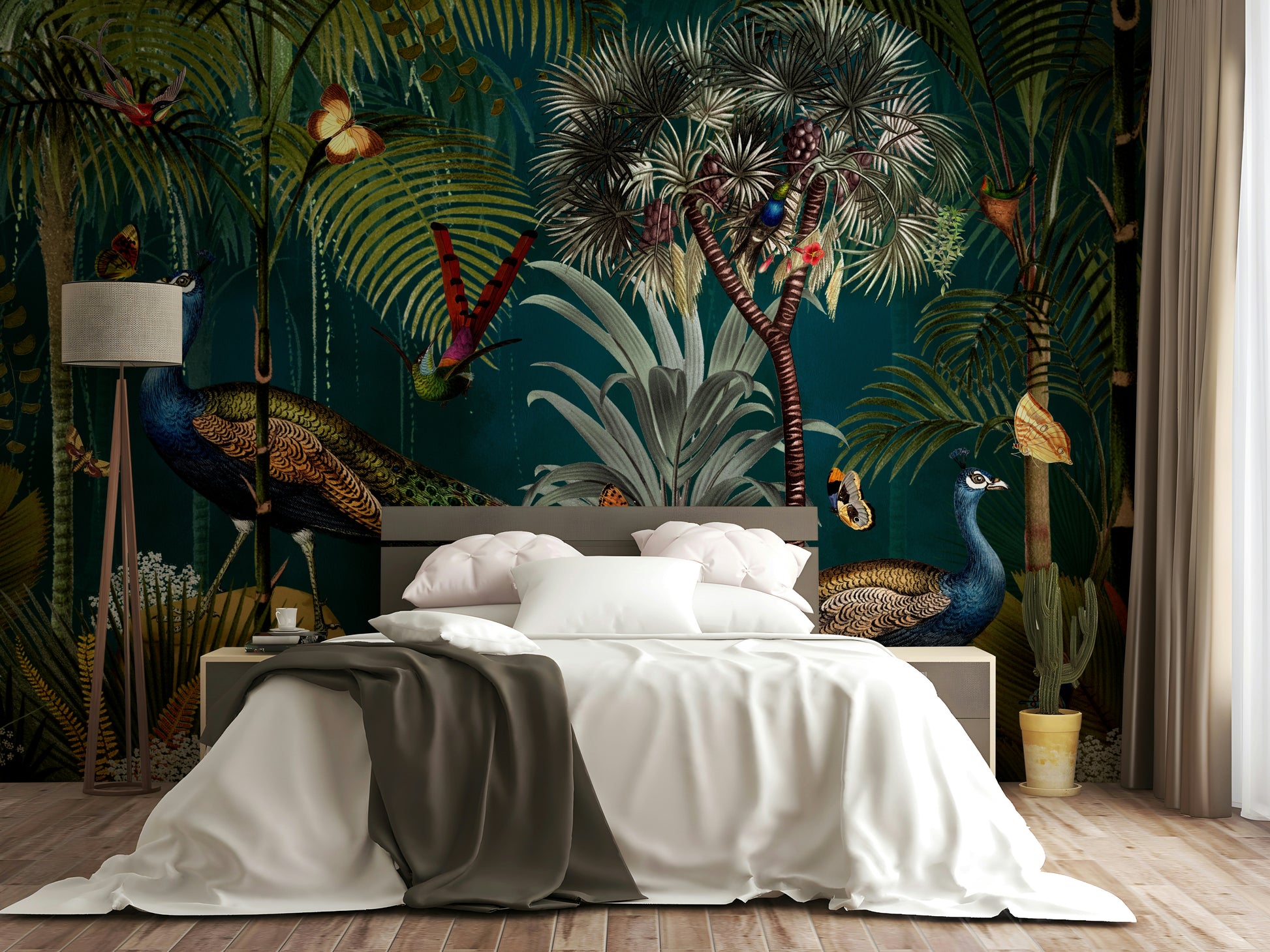 Twilight peacock paradise mural for living room wall

