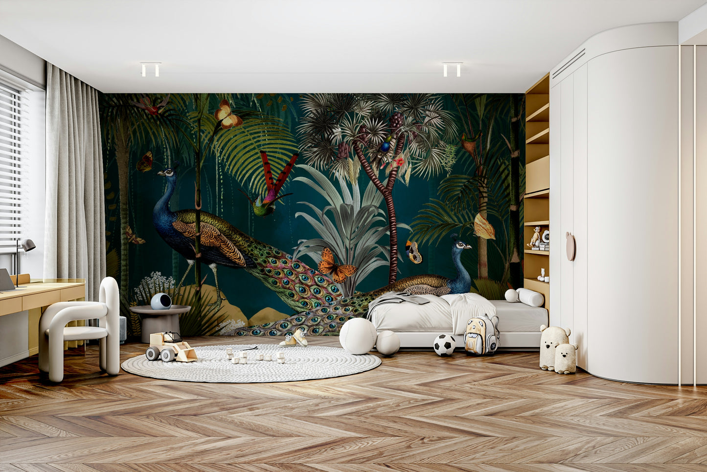 Peacock wall mural with twilight and paradise vibes

