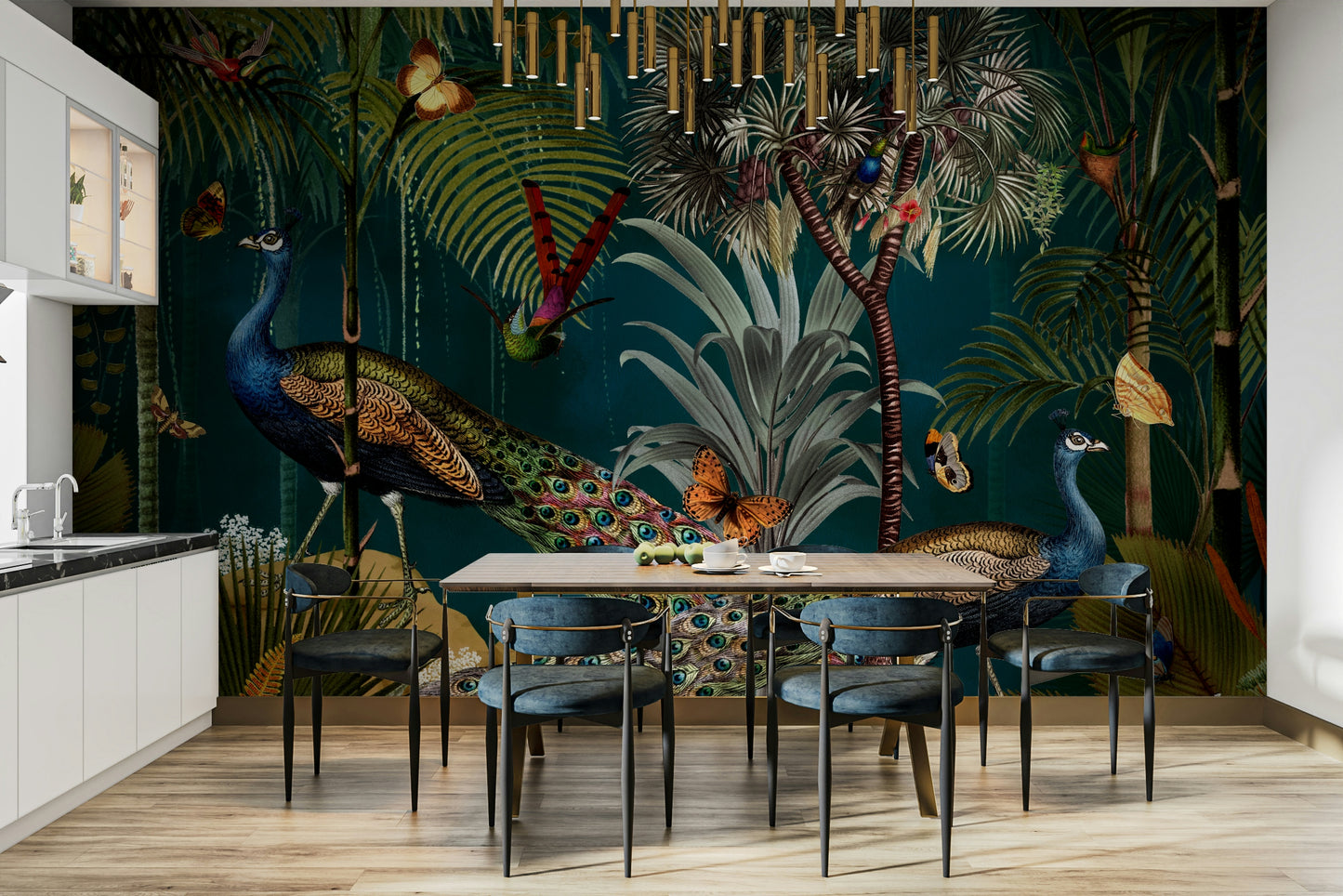 Vintage peacock mural for tranquil home interior

