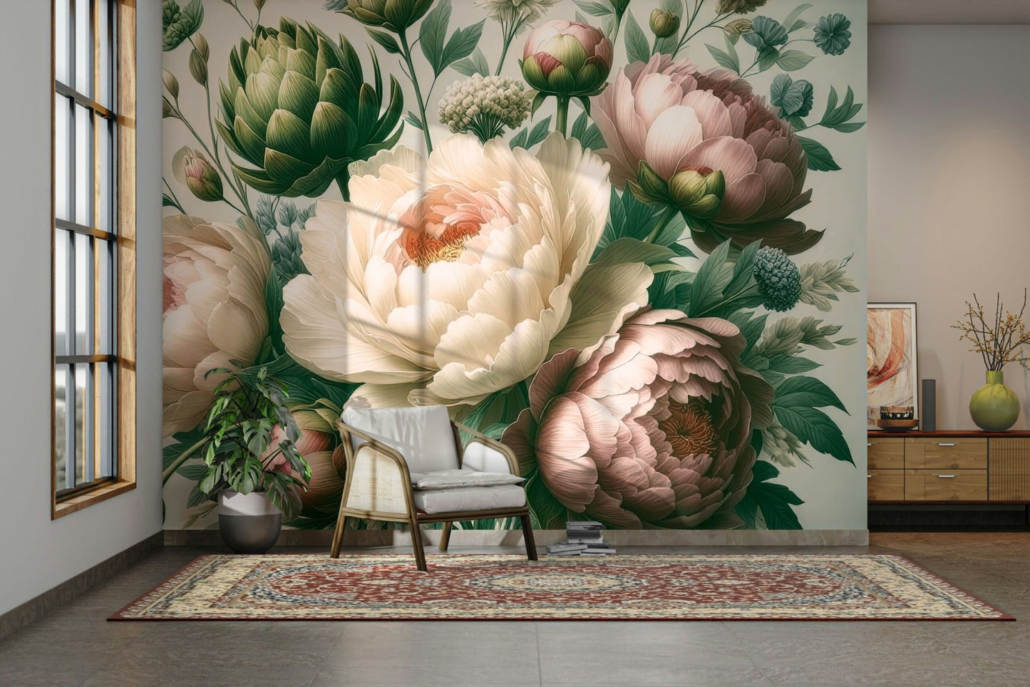 A tasteful baroque peony wall mural of flowers.

