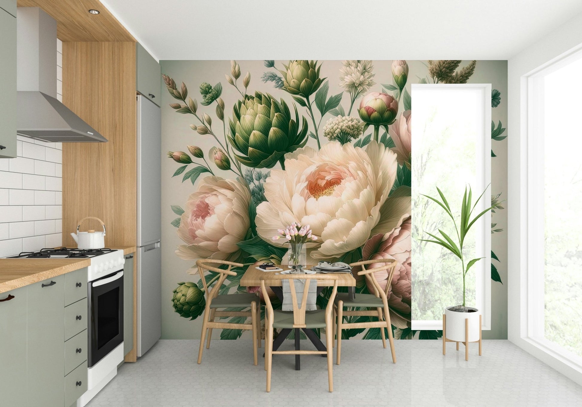 A dramatic baroque flower wallpaper mural that defines a space.

