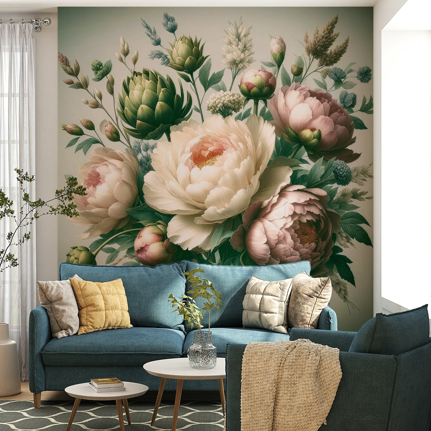 An elegant peony bloom wall mural for classic decor.

