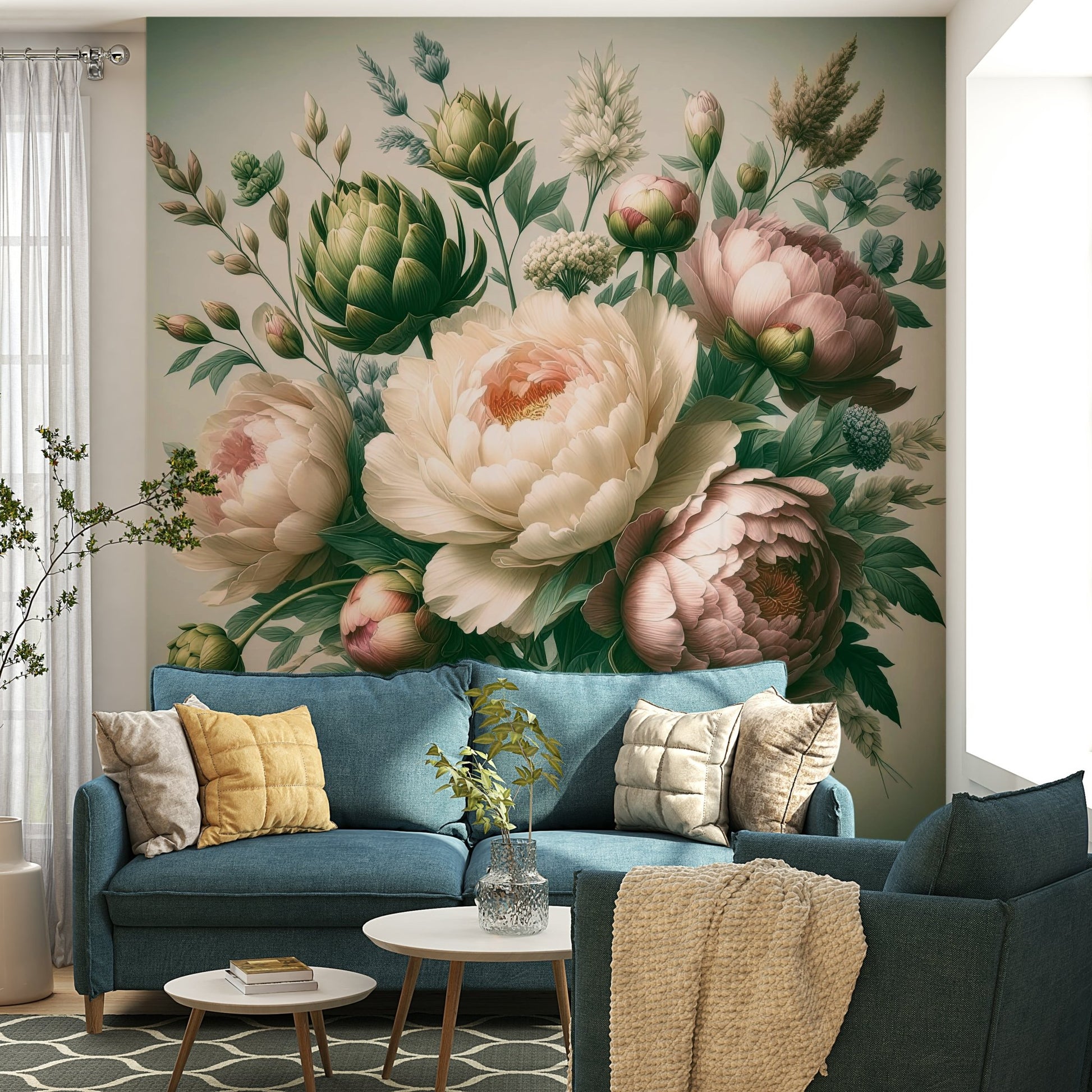 An elegant peony bloom wall mural for classic decor.

