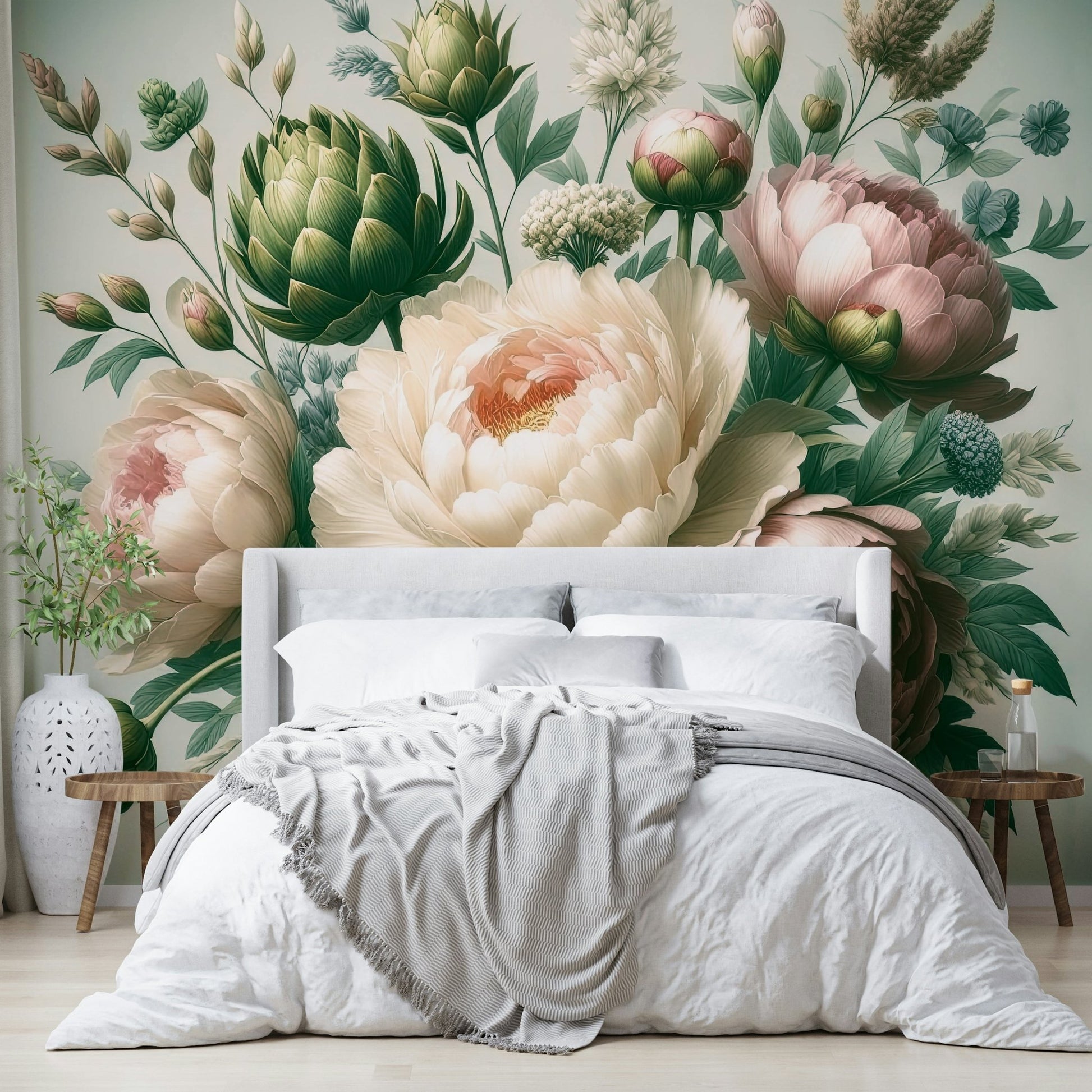 A sophisticated floral wallpaper mural with a vintage feel.

