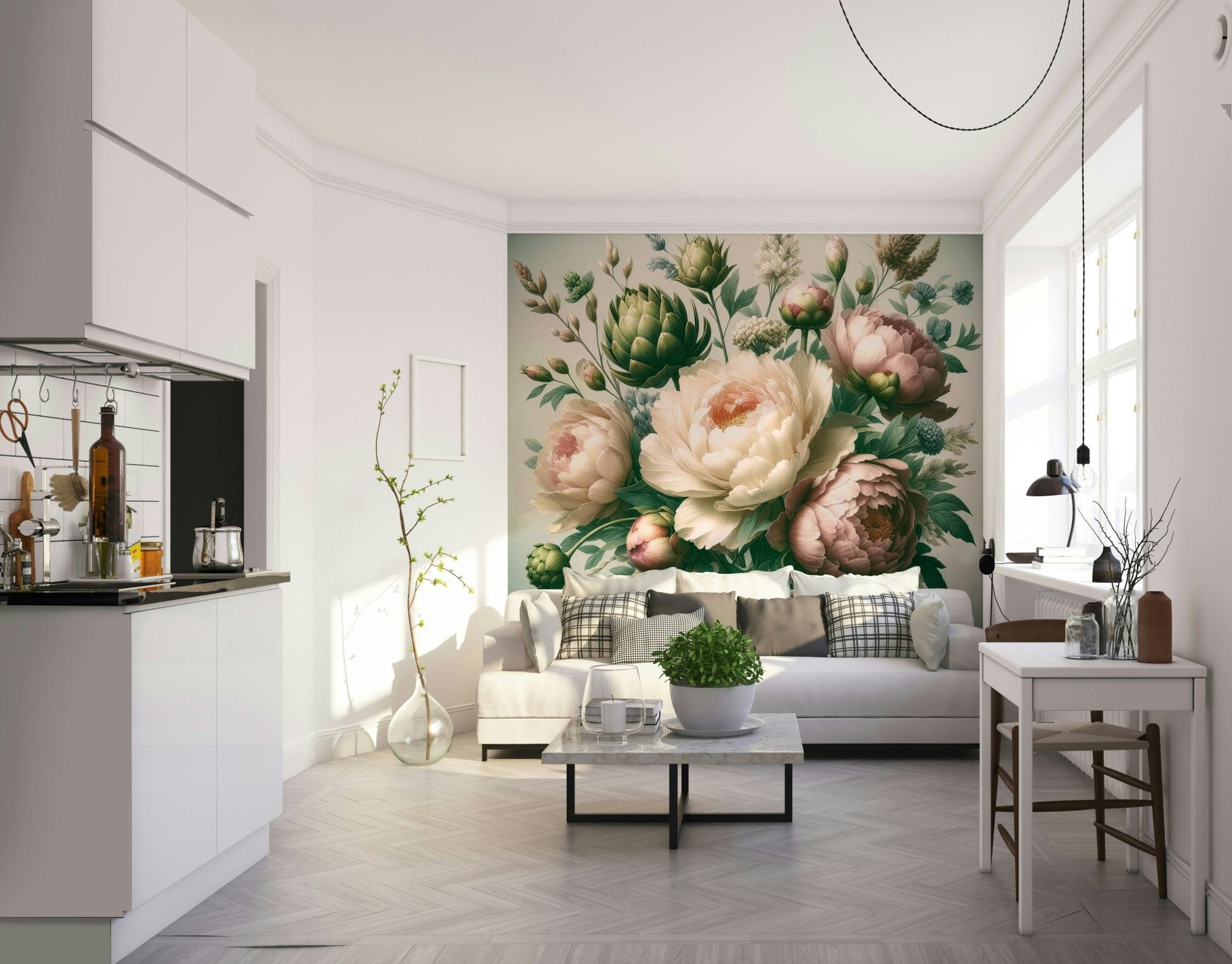 A graceful flower wall mural in rich, ornate tones.

