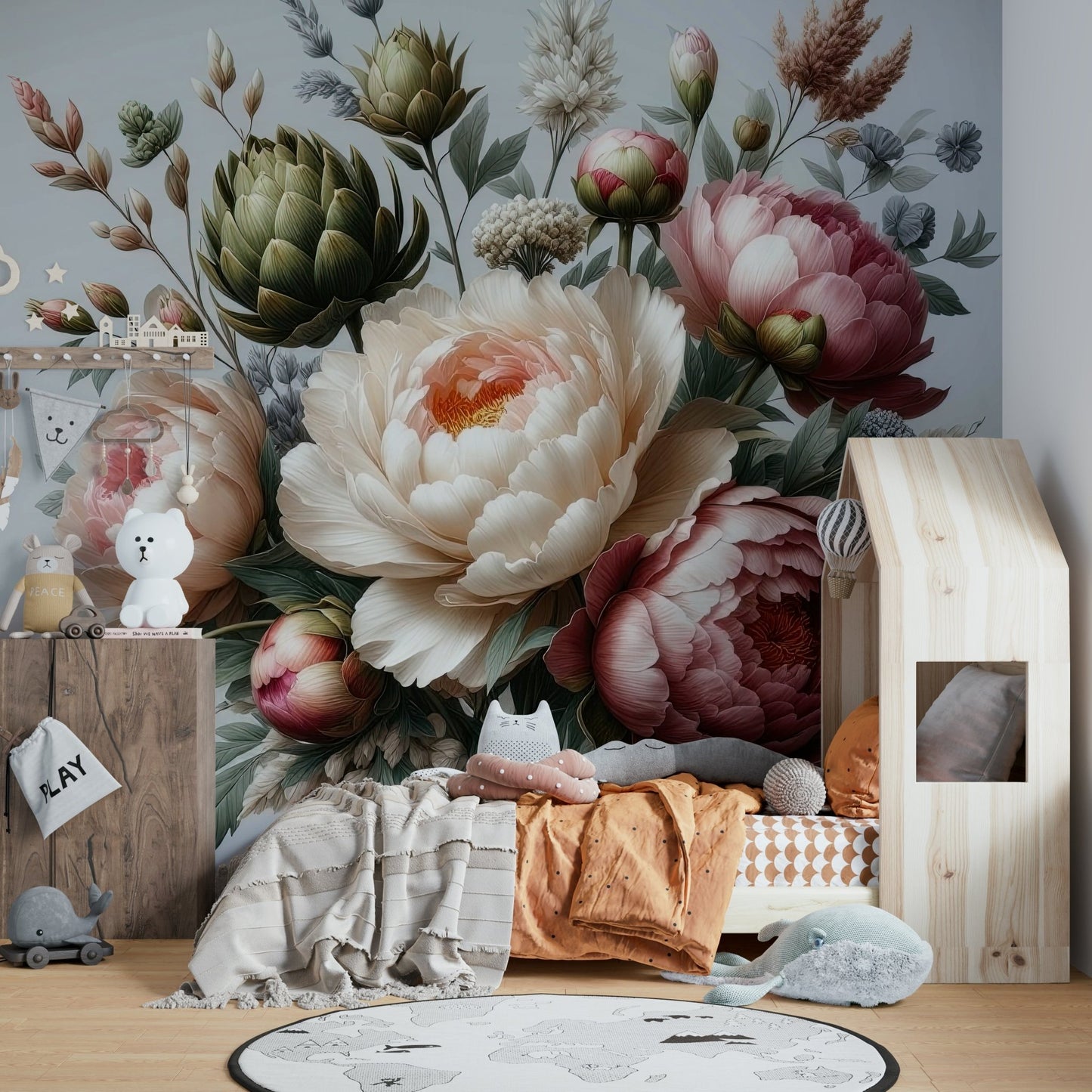 A romantic dark floral wallpaper mural for a feature wall.

