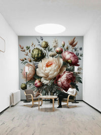 A sophisticated vintage peony mural for stylish wallpaper.

