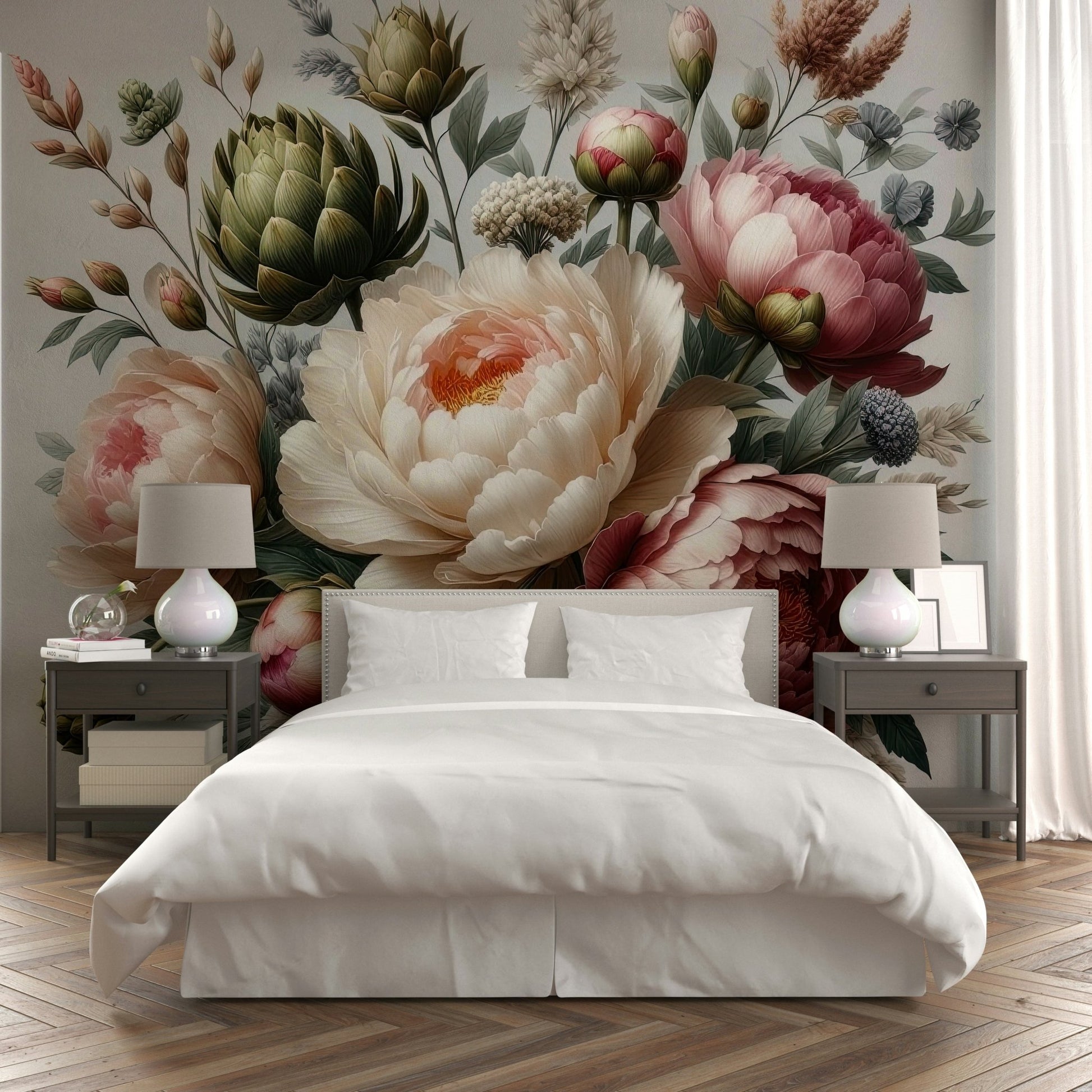 A dramatic peony garden mural on decorative wallpaper.

