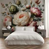 A dramatic peony garden mural on decorative wallpaper.

