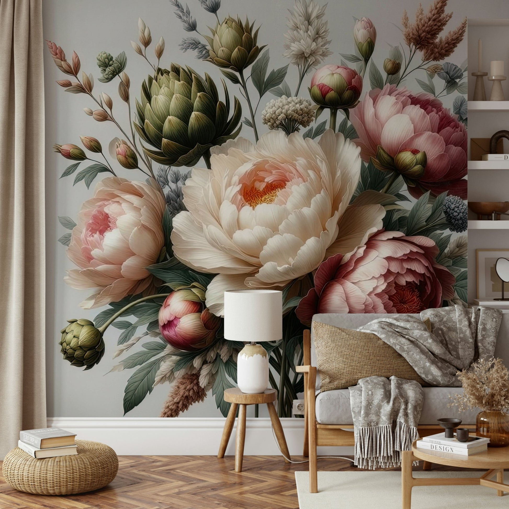 A tasteful dark bloom wall mural of beautiful flowers.

