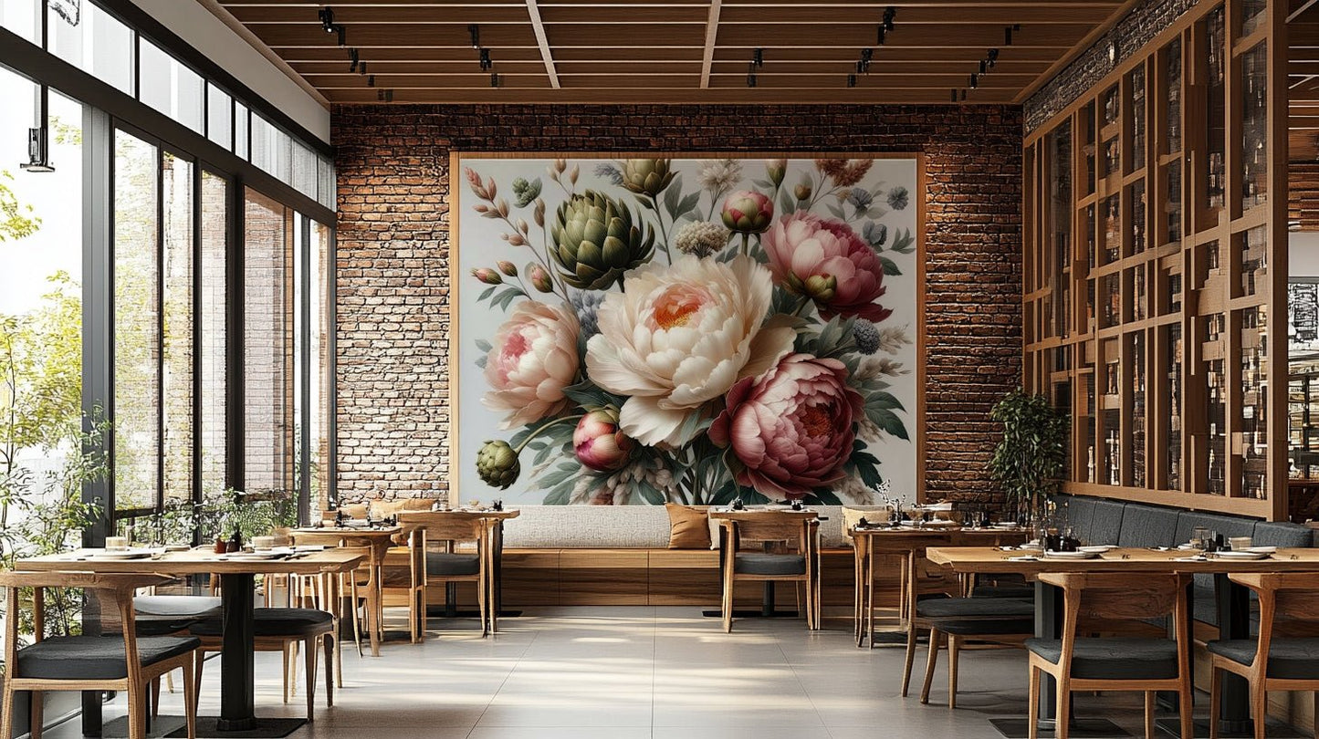 An artistic dark peony mural for home decor.

