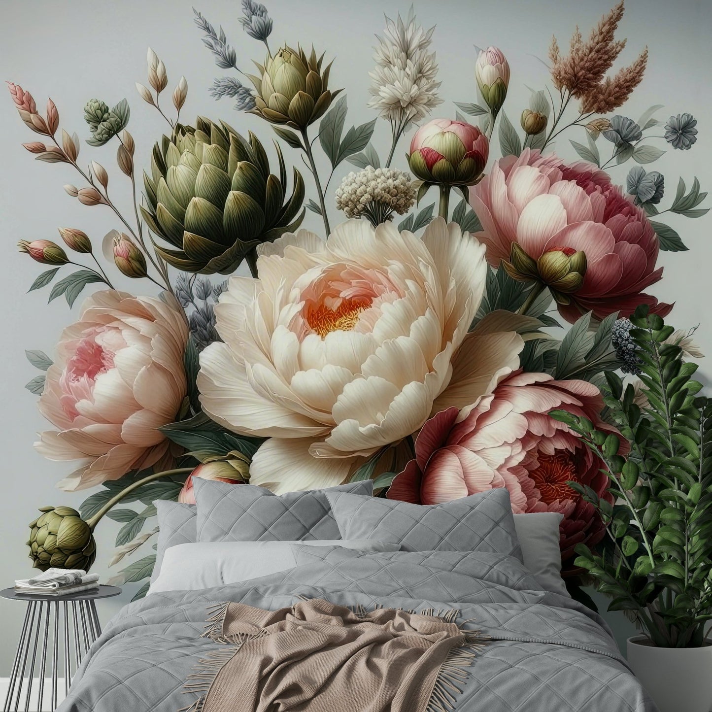 A graceful flower wall mural in rich, dark tones.

