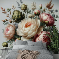 A graceful flower wall mural in rich, dark tones.

