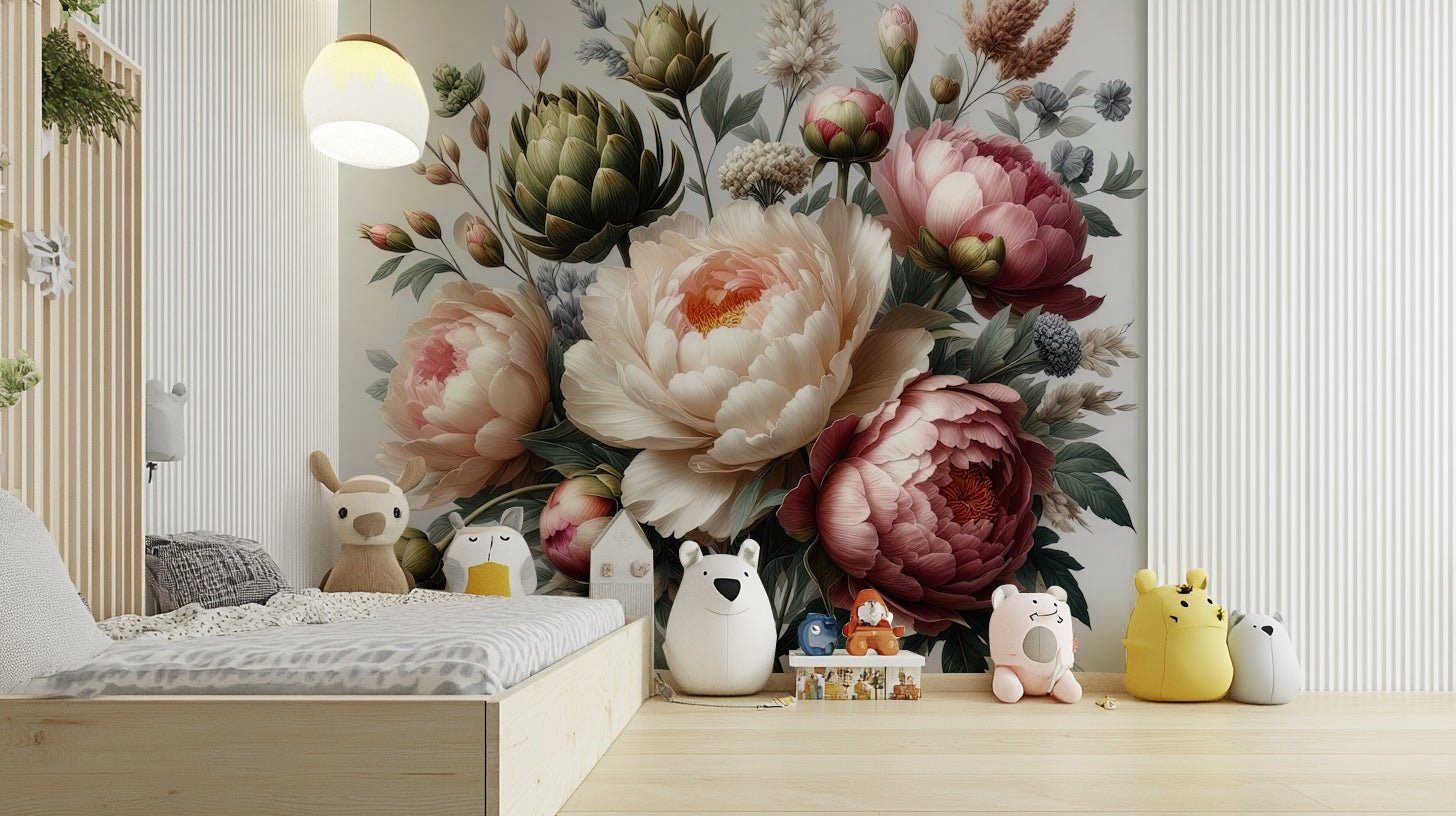 A beautiful dark floral wallpaper mural with vintage peonies., GD4581