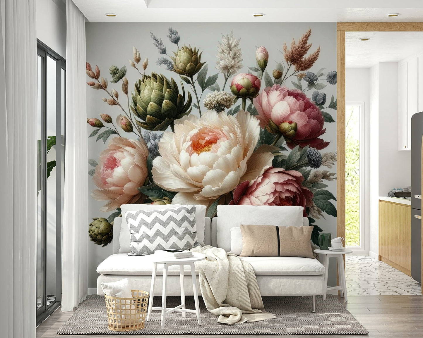 A gorgeous flower wallpaper mural that defines a space.

