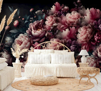 A full-wall mural showing a pattern of vintage peonies.
