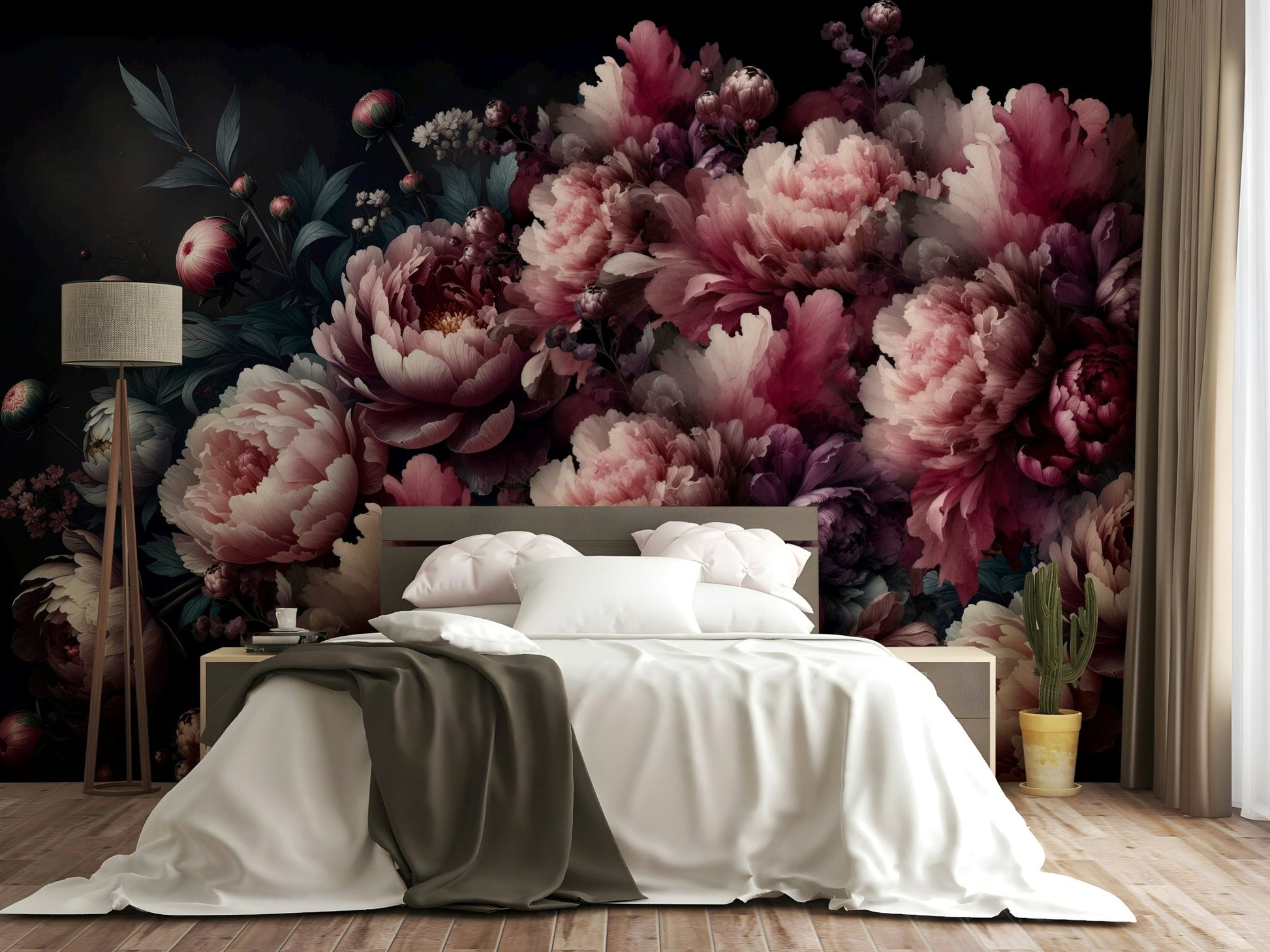 The mural is created for an entire wall, providing a sophisticated backdrop.
