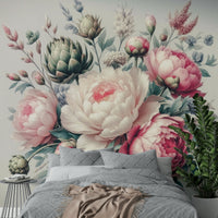 A romantic spring garden mural on decorative wallpaper.

