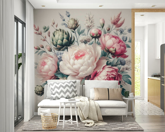 A beautiful vintage floral wallpaper mural with spring blooms., GD4582