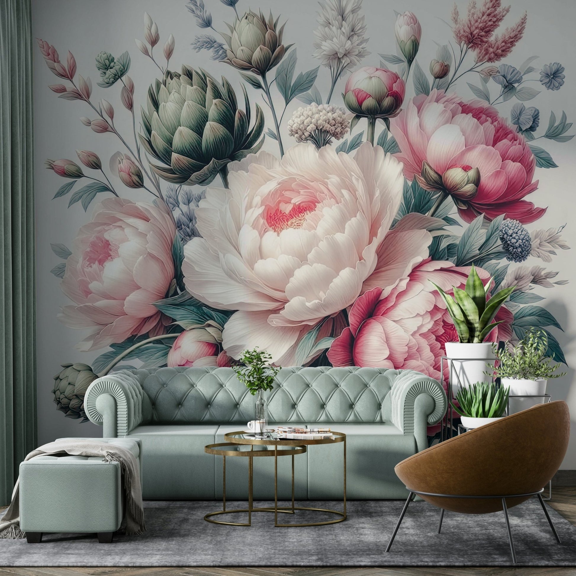 A tasteful vintage flower wall mural for a bedroom.

