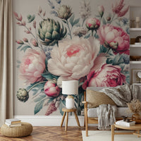 A graceful peony pattern wall mural in soft colors.

