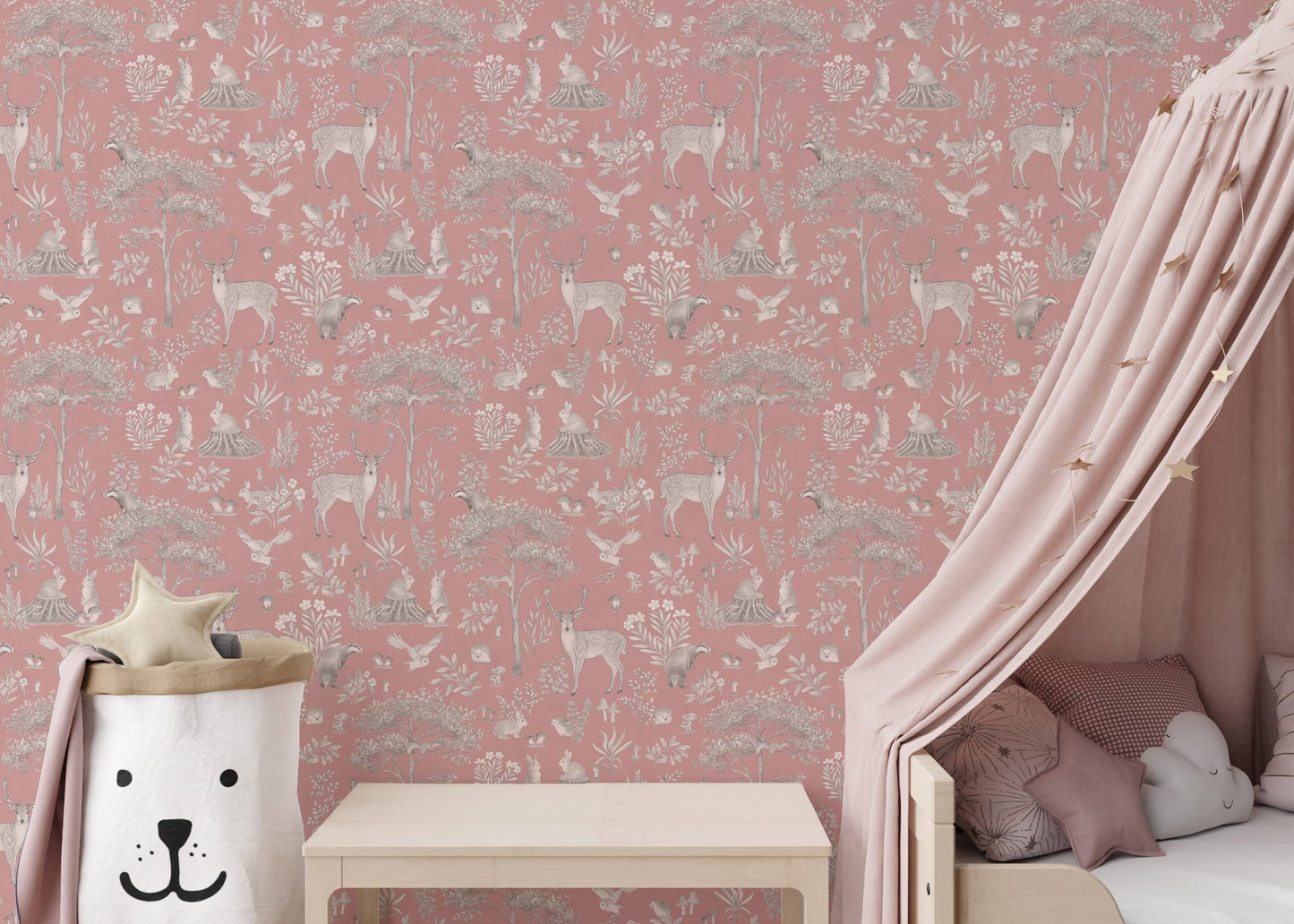 Hand-drawn wildlife wallpaper in pink
