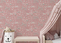 Hand-drawn wildlife wallpaper in pink
