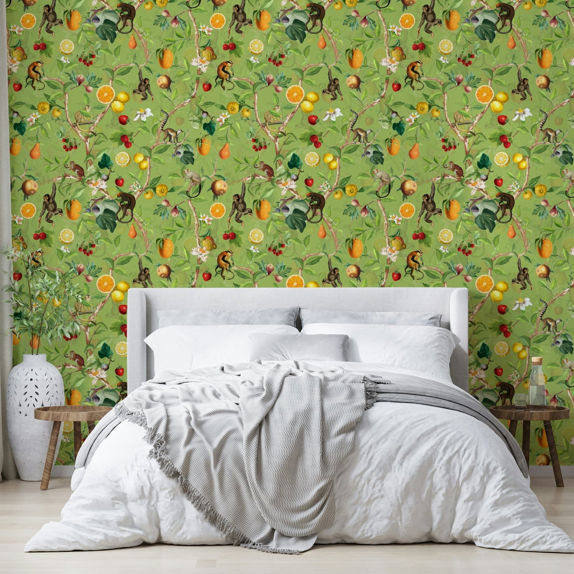Vintage primate wallpaper with tropical greenery