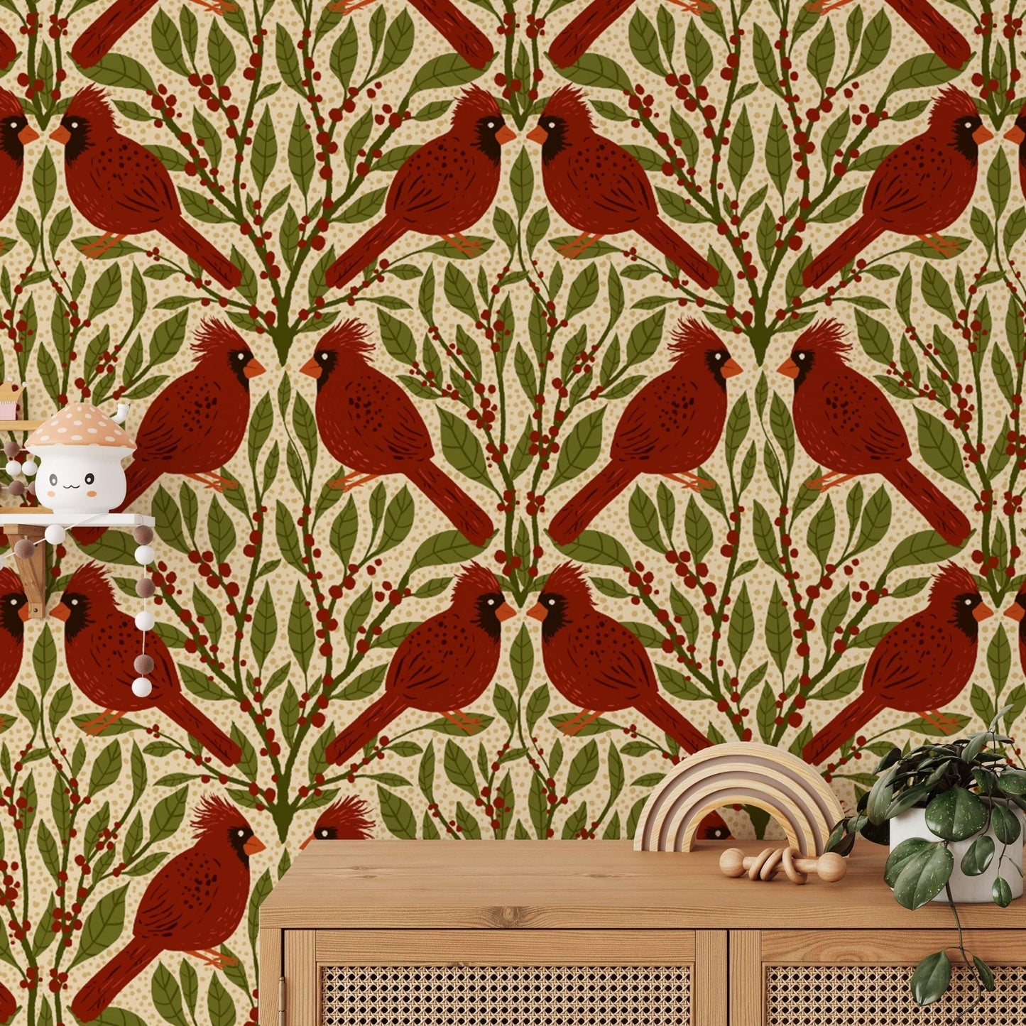 Sophisticated vintage cardinals mural for elegant wall decor. RNM16
